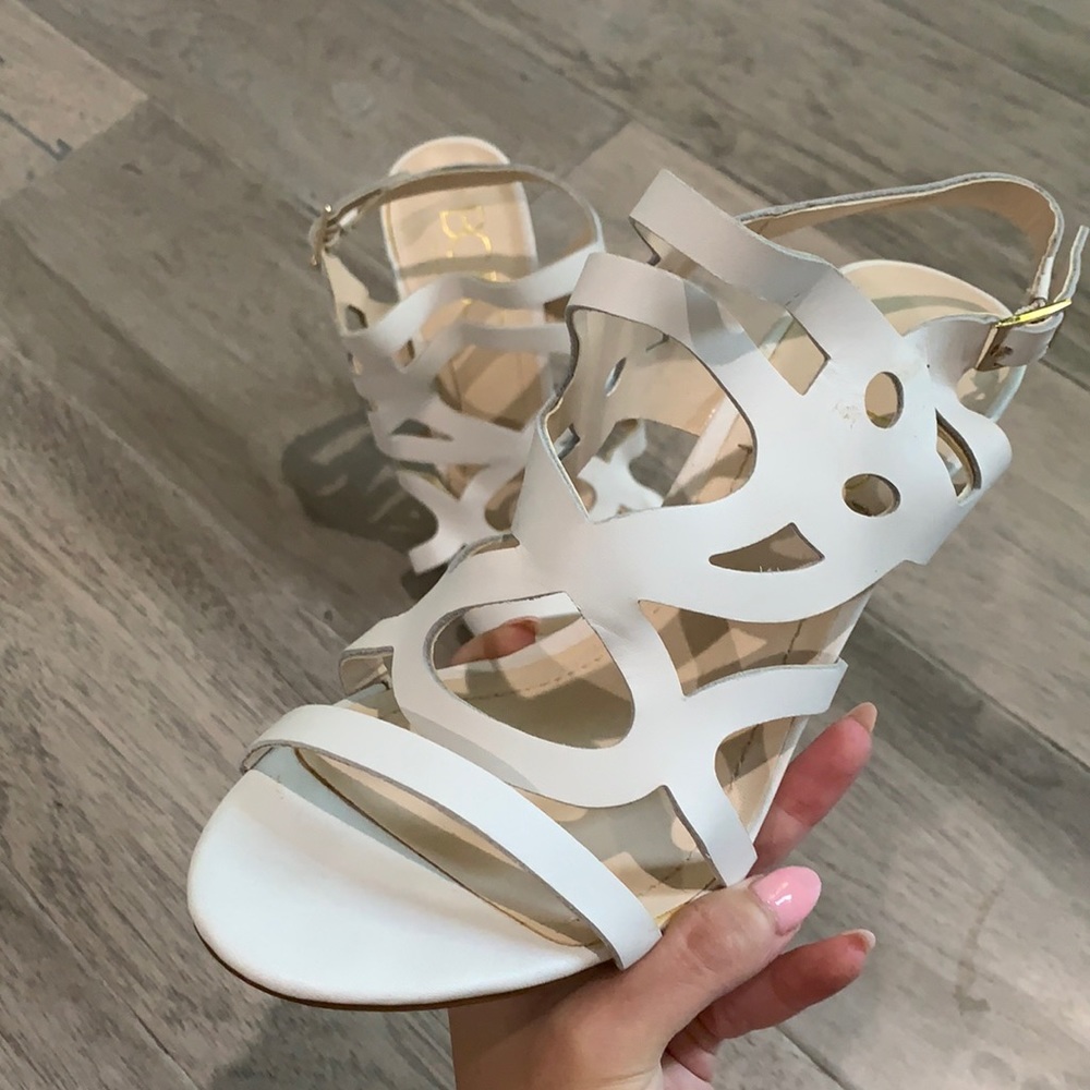 BCBG white cutout heels